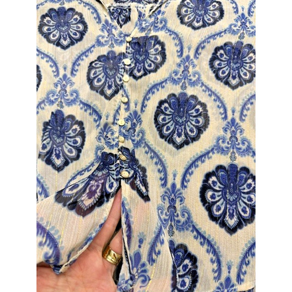 Zara Blue Floral Metallic Mosaic V Neck Boho Long Sleeve Blouse Semi Sheer Large - Picture 8 of 8